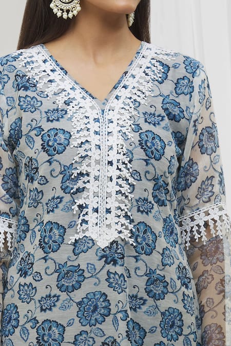Buy Yuvraani Jaipur Blue Chanderi, Cotton Embroidery, Lace, Tassels V-neck Floral Pattern Kurta Set Buy_Yuvraani Jaipur_Blue Chanderi, Cotton Embroidery, Lace, Tassels V-neck Floral Pattern Kurta Set