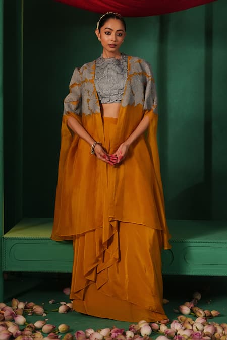 Kesar Studio Yellow Silk Applique Cape Open Aaftaab Floral Draped Skirt Set