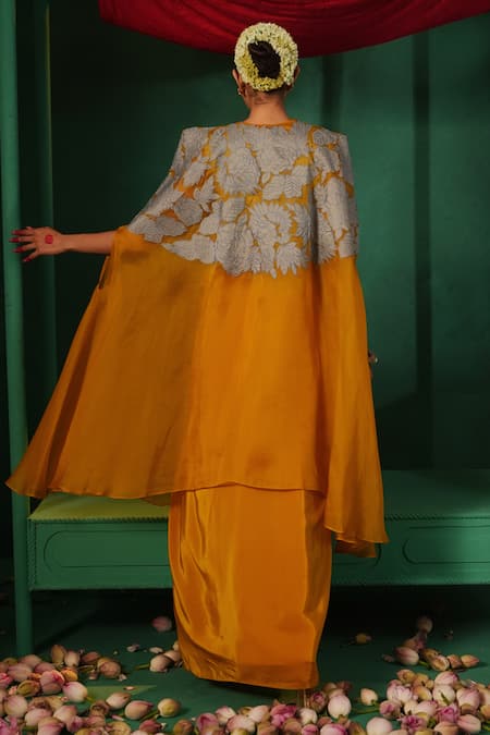 Buy_Kesar Studio_Yellow Silk, Organza, Crepe Applique Round Aaftaab Floral Cape Draped Skirt Set_Online_at_Aza_Fashions