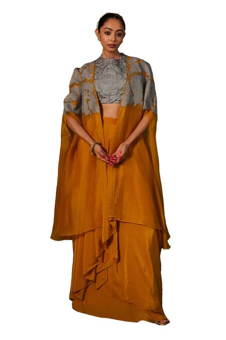 Shop_Kesar Studio_Yellow Silk, Organza, Crepe Applique Round Aaftaab Floral Cape Draped Skirt Set_Online_at_Aza_Fashions