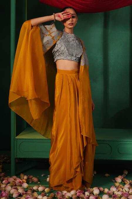 Kesar Studio_Yellow Silk, Organza, Crepe Applique Round Aaftaab Floral Cape Draped Skirt Set_at_Aza_Fashions