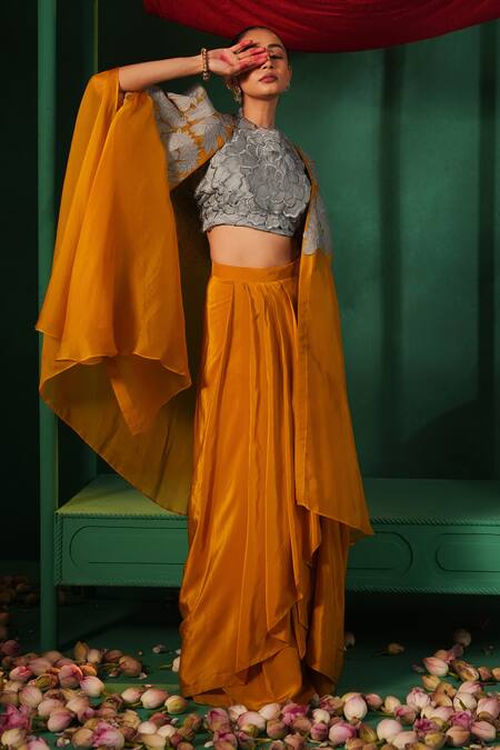 Buy_Kesar Studio_Yellow Silk, Organza, Crepe Applique Round Aaftaab Floral Cape Draped Skirt Set
