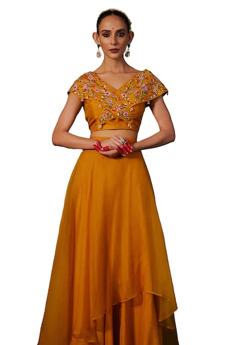 Kesar Studio_Yellow Silk, Organza Pearls, Anahira Overlap Panel Lehenga With Blouse _Online_at_Aza_Fashions