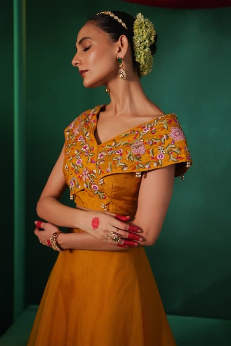Shop_Kesar Studio_Yellow Silk, Organza Pearls, Anahira Overlap Panel Lehenga With Blouse _Online_at_Aza_Fashions