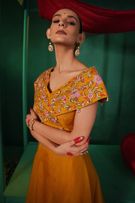 Kesar Studio_Yellow Silk, Organza Pearls, Anahira Overlap Panel Lehenga With Blouse _at_Aza_Fashions