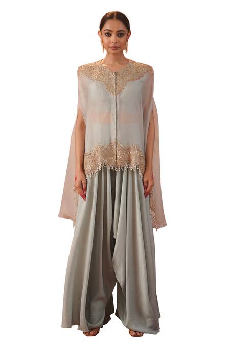 Kesar Studio Blue Silk, Organza Pearls, Sequins, Zari Aroha Embroidered Cape Harem Pant Set Online at Aza Fashions Kesar Studio_Blue Silk, Organza Pearls, Sequins, Zari Aroha Embroidered Cape Harem Pant Set_Online_at_Aza_Fashions