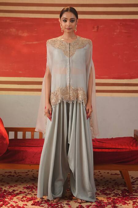 Buy Kesar Studio Blue Silk, Organza Pearls, Sequins, Zari Aroha Embroidered Cape Harem Pant Set Online at Aza Fashions Buy_Kesar Studio_Blue Silk, Organza Pearls, Sequins, Zari Aroha Embroidered Cape Harem Pant Set_Online_at_Aza_Fashions
