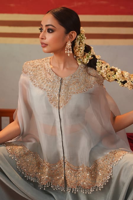 Shop Kesar Studio Blue Silk, Organza Pearls, Sequins, Zari Aroha Embroidered Cape Harem Pant Set Online at Aza Fashions Shop_Kesar Studio_Blue Silk, Organza Pearls, Sequins, Zari Aroha Embroidered Cape Harem Pant Set_Online_at_Aza_Fashions