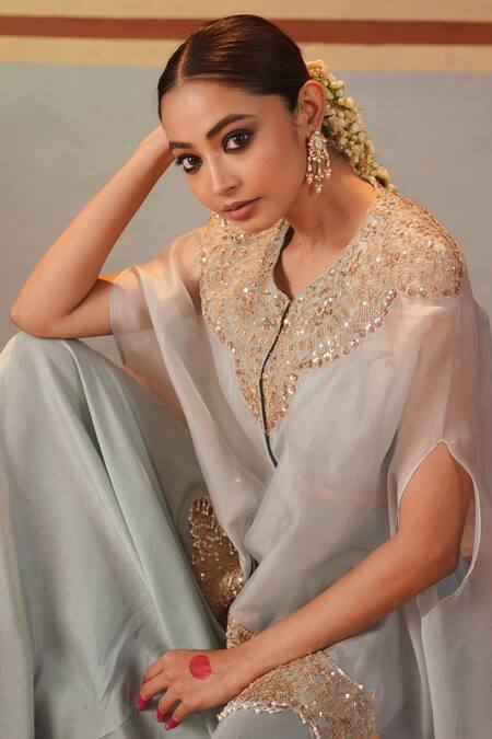 Kesar Studio Blue Silk, Organza Pearls, Sequins, Zari Aroha Embroidered Cape Harem Pant Set at Aza Fashions Kesar Studio_Blue Silk, Organza Pearls, Sequins, Zari Aroha Embroidered Cape Harem Pant Set_at_Aza_Fashions