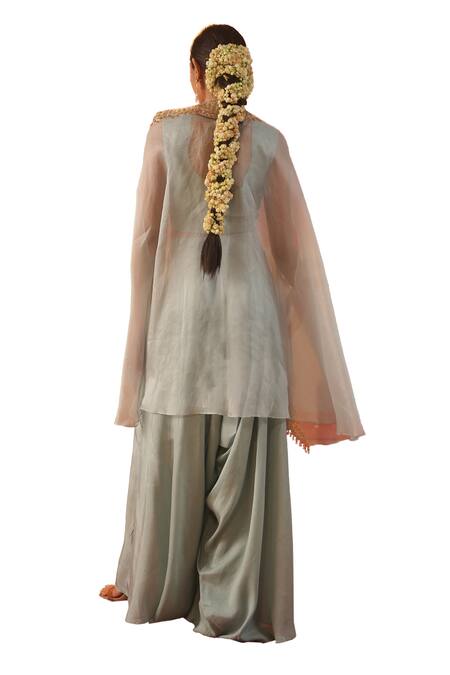 Buy Kesar Studio Blue Silk, Organza Pearls, Sequins, Zari Aroha Embroidered Cape Harem Pant Set Buy_Kesar Studio_Blue Silk, Organza Pearls, Sequins, Zari Aroha Embroidered Cape Harem Pant Set