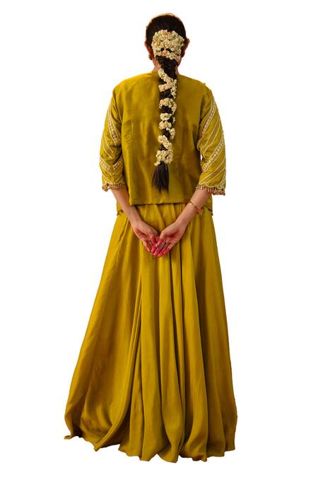 Kesar Studio Green Silk Sequins, Beads, Avyanna Paisley Embroidered Jacket Lehenga Set Online at Aza Fashions Kesar Studio_Green Silk Sequins, Beads, Avyanna Paisley Embroidered Jacket Lehenga Set_Online_at_Aza_Fashions