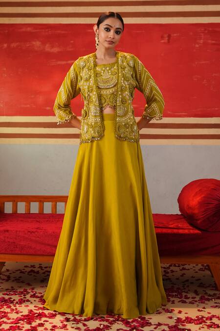 Shop Kesar Studio Green Silk Sequins, Beads, Avyanna Paisley Embroidered Jacket Lehenga Set Online at Aza Fashions Shop_Kesar Studio_Green Silk Sequins, Beads, Avyanna Paisley Embroidered Jacket Lehenga Set_Online_at_Aza_Fashions