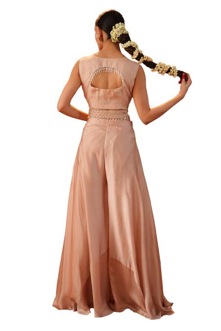 Kesar Studio_Pink Silk, Organza, Satin Bling It On Embellished Cross Blouse With Flared Pant_at_Aza_Fashions
