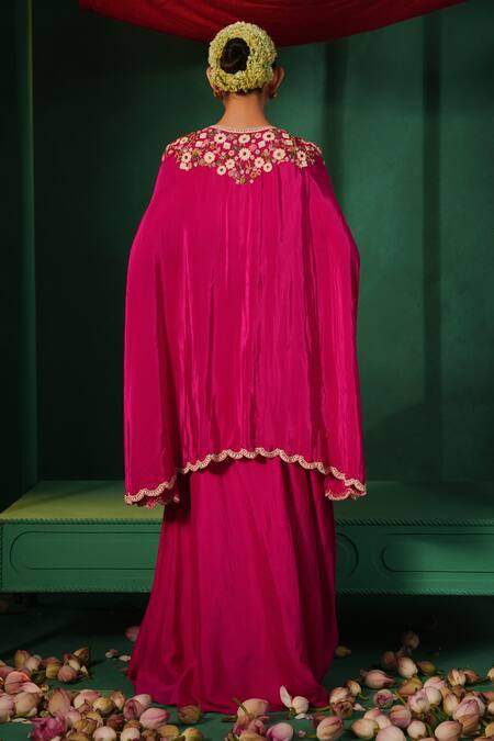 Shop Kesar Studio Pink Silk, Crepe Pearls, Sequins Blushing Flora Embroidered Cape Skirt Set at Aza Fashions Shop_Kesar Studio_Pink Silk, Crepe Pearls, Sequins Blushing Flora Embroidered Cape Skirt Set_at_Aza_Fashions