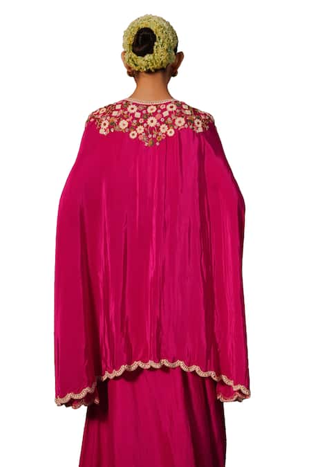 Kesar Studio Pink Silk, Crepe Pearls, Sequins Blushing Flora Embroidered Cape Skirt Set Online at Aza Fashions Kesar Studio_Pink Silk, Crepe Pearls, Sequins Blushing Flora Embroidered Cape Skirt Set_Online_at_Aza_Fashions