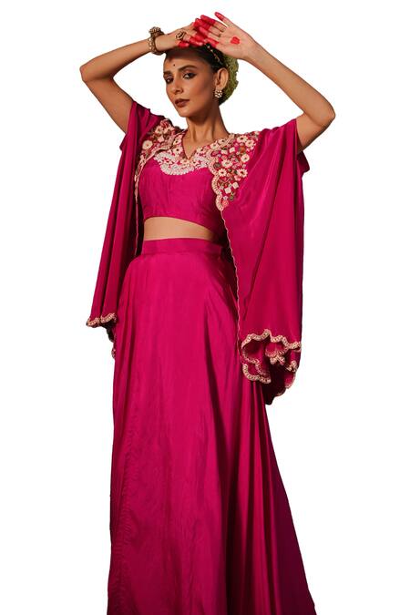 Buy Kesar Studio Pink Silk, Crepe Pearls, Sequins Blushing Flora Embroidered Cape Skirt Set Online at Aza Fashions Buy_Kesar Studio_Pink Silk, Crepe Pearls, Sequins Blushing Flora Embroidered Cape Skirt Set_Online_at_Aza_Fashions