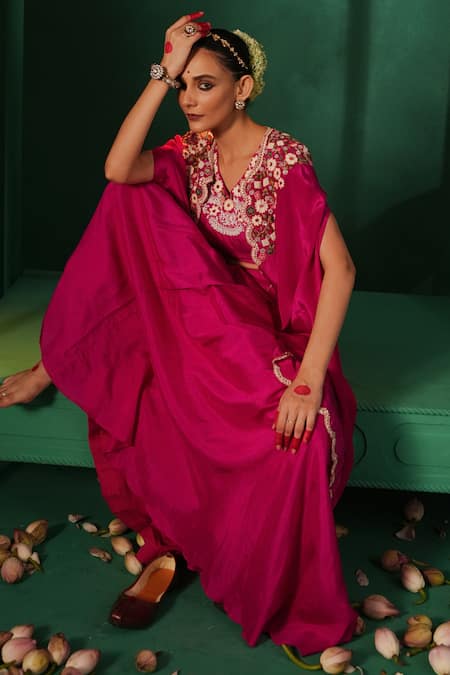 Shop Kesar Studio Pink Silk, Crepe Pearls, Sequins Blushing Flora Embroidered Cape Skirt Set Online at Aza Fashions Shop_Kesar Studio_Pink Silk, Crepe Pearls, Sequins Blushing Flora Embroidered Cape Skirt Set_Online_at_Aza_Fashions