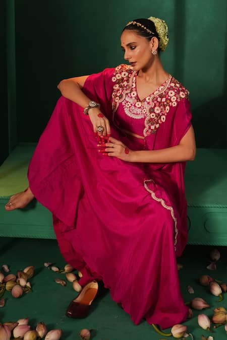 Kesar Studio Pink Silk, Crepe Pearls, Sequins Blushing Flora Embroidered Cape Skirt Set at Aza Fashions Kesar Studio_Pink Silk, Crepe Pearls, Sequins Blushing Flora Embroidered Cape Skirt Set_at_Aza_Fashions