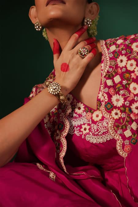 Buy Kesar Studio Pink Silk, Crepe Pearls, Sequins Blushing Flora Embroidered Cape Skirt Set Buy_Kesar Studio_Pink Silk, Crepe Pearls, Sequins Blushing Flora Embroidered Cape Skirt Set