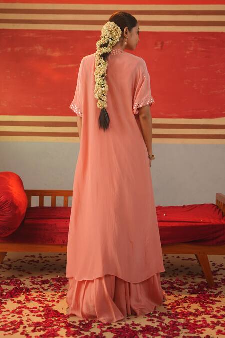 Shop_Kesar Studio_Pink Silk, Crepe Embroidery, Mirrors Round Neck Chamak Cape Lehenga Set_at_Aza_Fashions