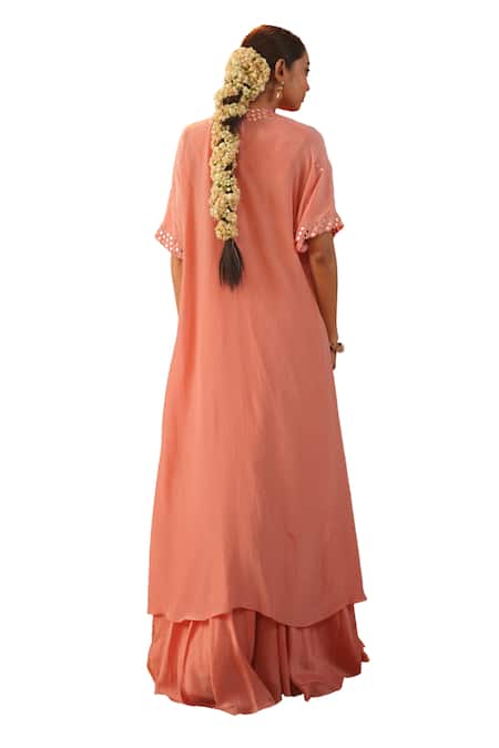 Kesar Studio_Pink Silk, Crepe Embroidery, Mirrors Round Neck Chamak Cape Lehenga Set_Online_at_Aza_Fashions