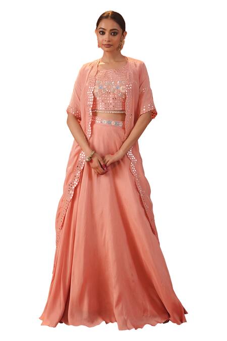 Buy_Kesar Studio_Pink Silk, Crepe Embroidery, Mirrors Round Neck Chamak Cape Lehenga Set_Online_at_Aza_Fashions