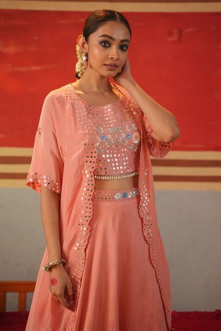 Kesar Studio_Pink Silk, Crepe Embroidery, Mirrors Round Neck Chamak Cape Lehenga Set_at_Aza_Fashions