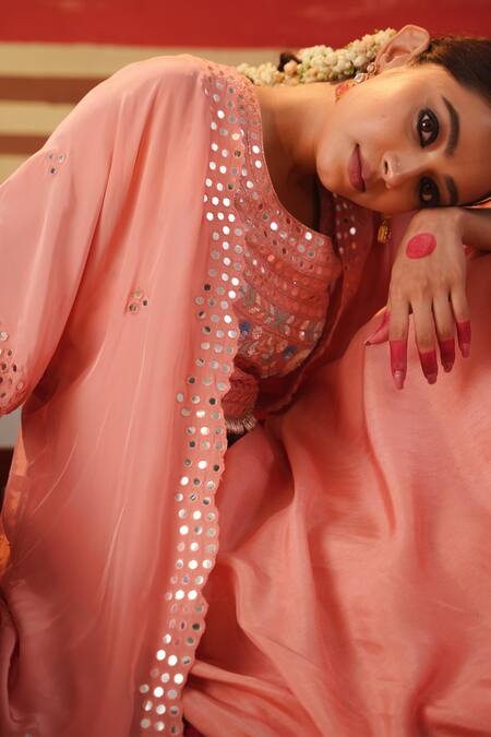 Buy_Kesar Studio_Pink Silk, Crepe Embroidery, Mirrors Round Neck Chamak Cape Lehenga Set