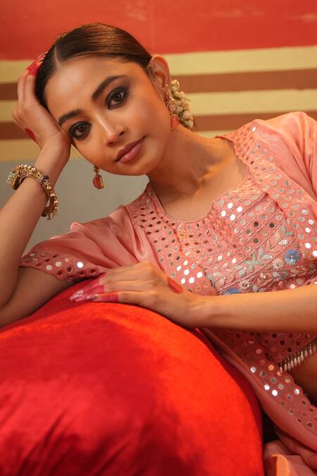 Shop_Kesar Studio_Pink Silk, Crepe Embroidery, Mirrors Round Neck Chamak Cape Lehenga Set