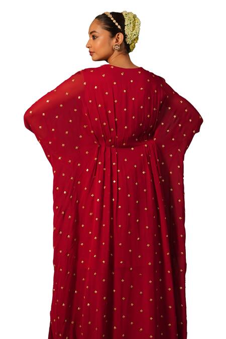 Kesar Studio Red Georgette, Satin Sequins, Beads Embellished High-low Kaftan With Flared Pant Online at Aza Fashions Kesar Studio_Red Georgette, Satin Sequins, Beads Embellished High-low Kaftan With Flared Pant_Online_at_Aza_Fashions