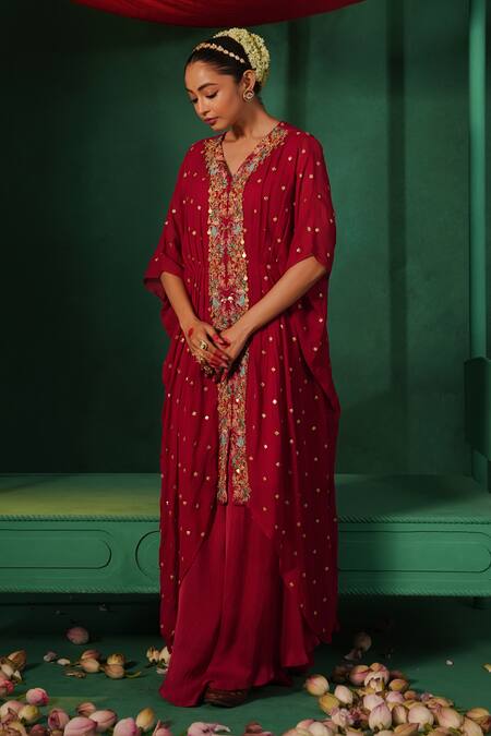 Buy Kesar Studio Red Georgette, Satin Sequins, Beads Embellished High-low Kaftan With Flared Pant Online at Aza Fashions Buy_Kesar Studio_Red Georgette, Satin Sequins, Beads Embellished High-low Kaftan With Flared Pant_Online_at_Aza_Fashions