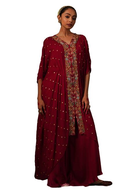 Kesar Studio Red Georgette, Satin Sequins, Beads Embellished High-low Kaftan With Flared Pant at Aza Fashions Kesar Studio_Red Georgette, Satin Sequins, Beads Embellished High-low Kaftan With Flared Pant_at_Aza_Fashions