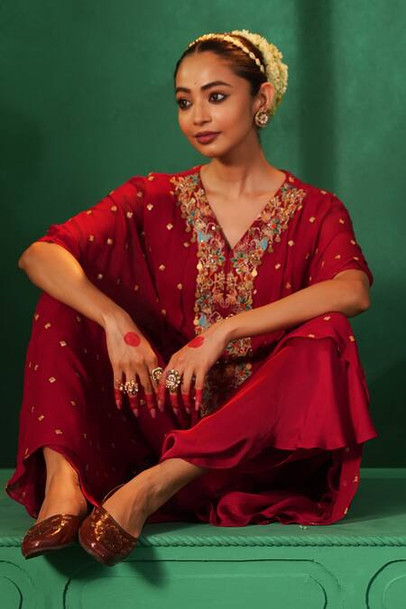 Buy Kesar Studio Red Georgette, Satin Sequins, Beads Embellished High-low Kaftan With Flared Pant Buy_Kesar Studio_Red Georgette, Satin Sequins, Beads Embellished High-low Kaftan With Flared Pant