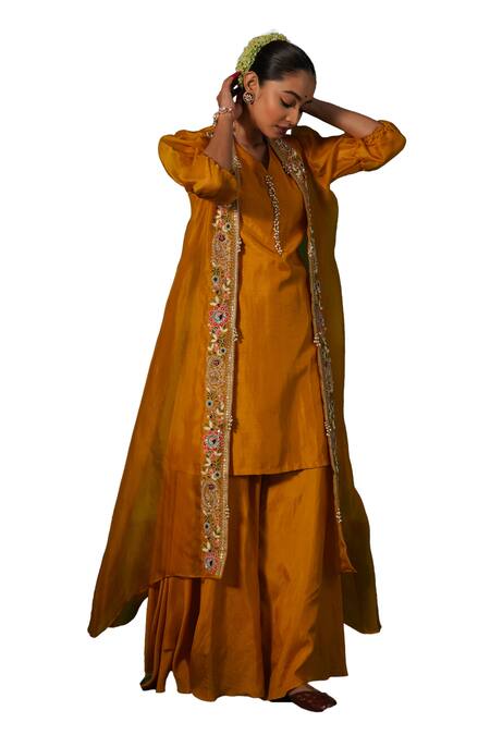 Buy Kesar Studio Yellow Silk, Organza Pearls, Daylily Floral Embroidered Jacket Kurta Set Online at Aza Fashions Buy_Kesar Studio_Yellow Silk, Organza Pearls, Daylily Floral Embroidered Jacket Kurta Set_Online_at_Aza_Fashions