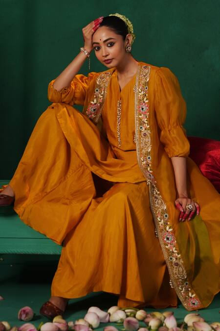 Shop Kesar Studio Yellow Silk, Organza Pearls, Daylily Floral Embroidered Jacket Kurta Set Online at Aza Fashions Shop_Kesar Studio_Yellow Silk, Organza Pearls, Daylily Floral Embroidered Jacket Kurta Set_Online_at_Aza_Fashions