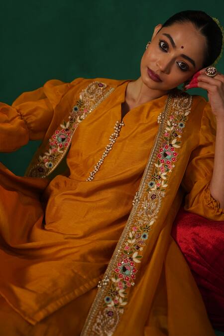 Kesar Studio_Yellow Silk, Organza Pearls, Daylily Floral Embroidered Jacket Kurta Set_at_Aza_Fashions