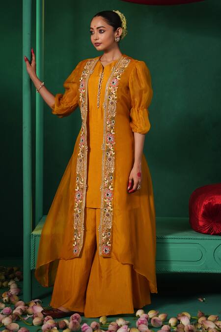 Buy Kesar Studio Yellow Silk, Organza Pearls, Daylily Floral Embroidered Jacket Kurta Set Buy_Kesar Studio_Yellow Silk, Organza Pearls, Daylily Floral Embroidered Jacket Kurta Set