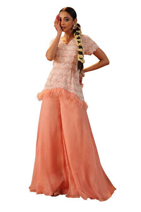Kesar Studio_Peach Silk, Organza Pearls, Feathers V-neck Love Scallop Kurta With Flared Pant_Online_at_Aza_Fashions
