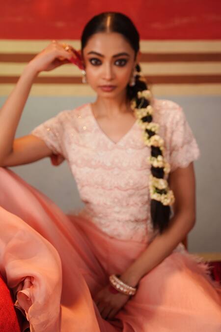 Buy_Kesar Studio_Peach Silk, Organza Pearls, Feathers V-neck Love Scallop Kurta With Flared Pant_Online_at_Aza_Fashions