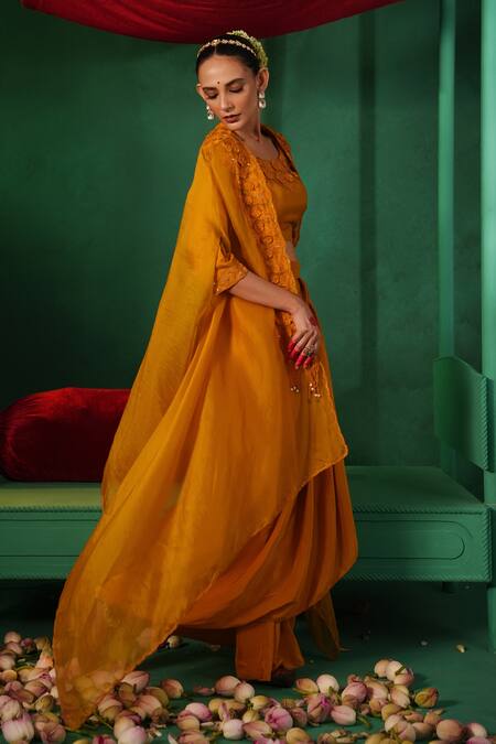 Kesar Studio_Yellow Silk Beads Round Floral Punch Applique Embellished Cape Draped Skirt Set_Online_at_Aza_Fashions