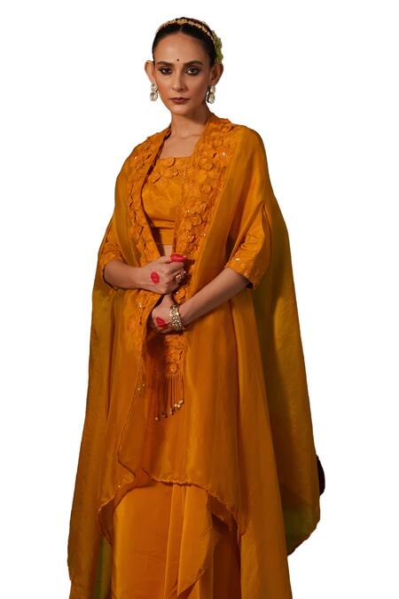 Buy_Kesar Studio_Yellow Silk Beads Round Floral Punch Applique Embellished Cape Draped Skirt Set_Online_at_Aza_Fashions