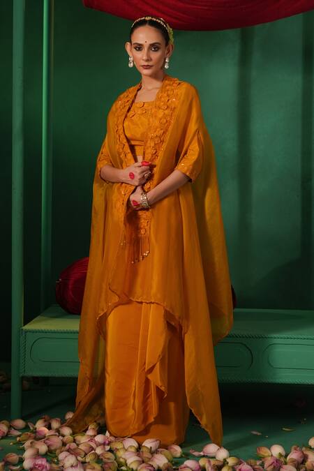 Shop_Kesar Studio_Yellow Silk Beads Round Floral Punch Applique Embellished Cape Draped Skirt Set_Online_at_Aza_Fashions