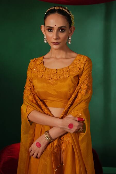 Kesar Studio_Yellow Silk Beads Round Floral Punch Applique Embellished Cape Draped Skirt Set_at_Aza_Fashions