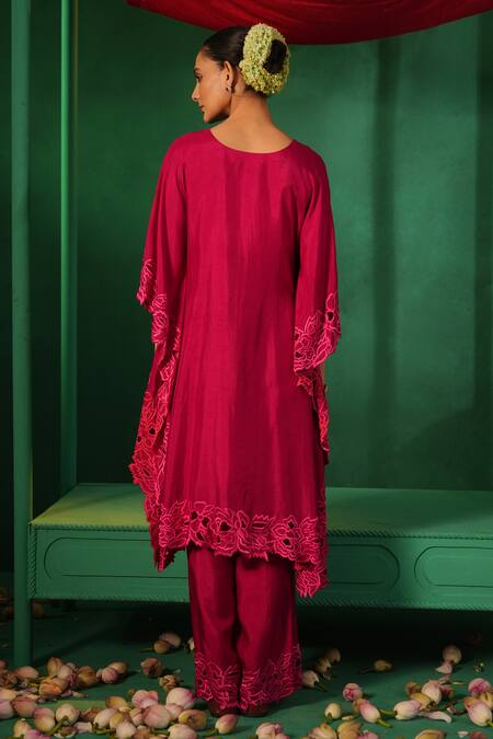 Shop_Kesar Studio_Red Silk Cut Work Round Neck Kaftan With Pant_at_Aza_Fashions