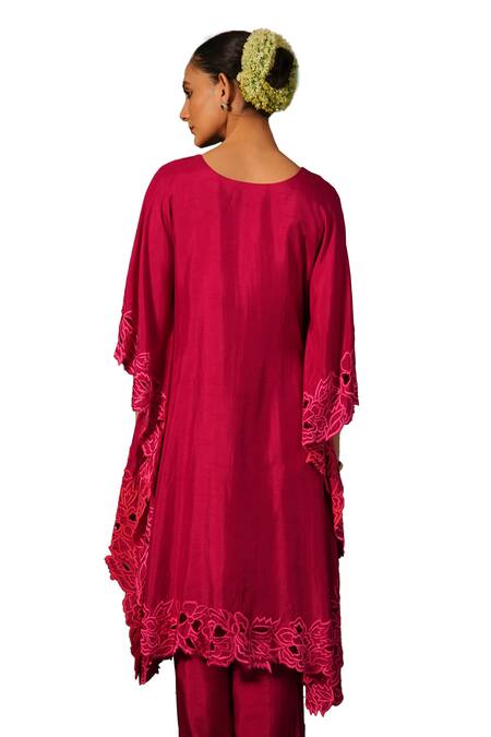 Kesar Studio Red Silk Cut Work Round Neck Kaftan With Pant Online at Aza Fashions Kesar Studio_Red Silk Cut Work Round Neck Kaftan With Pant_Online_at_Aza_Fashions