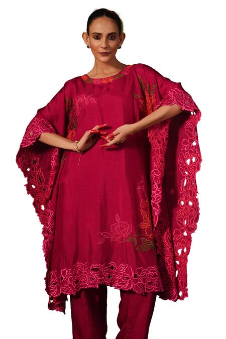 Buy Kesar Studio Red Silk Cut Work Round Neck Kaftan With Pant Online at Aza Fashions Buy_Kesar Studio_Red Silk Cut Work Round Neck Kaftan With Pant_Online_at_Aza_Fashions