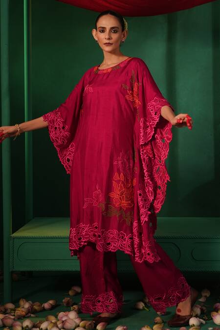 Shop Kesar Studio Red Silk Cut Work Round Neck Kaftan With Pant Online at Aza Fashions Shop_Kesar Studio_Red Silk Cut Work Round Neck Kaftan With Pant_Online_at_Aza_Fashions