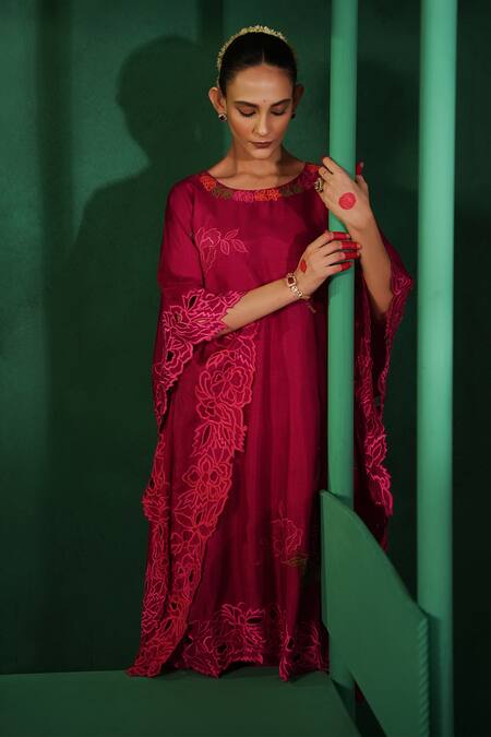 Kesar Studio Red Silk Cut Work Round Neck Kaftan With Pant at Aza Fashions Kesar Studio_Red Silk Cut Work Round Neck Kaftan With Pant_at_Aza_Fashions
