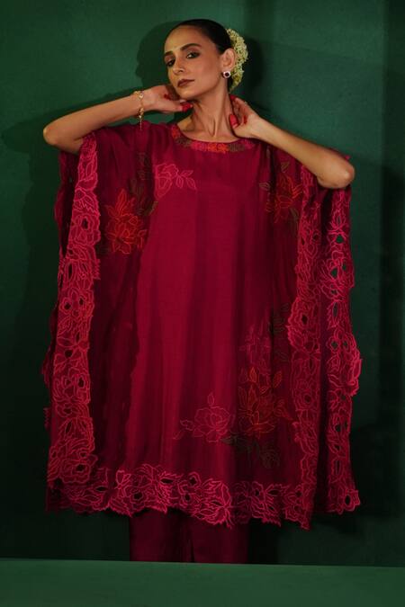 Buy Kesar Studio Red Silk Cut Work Round Neck Kaftan With Pant Buy_Kesar Studio_Red Silk Cut Work Round Neck Kaftan With Pant