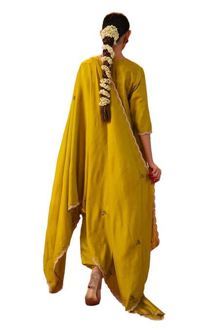 Kesar Studio Green Silk Sequins, Embroidery Round Neck Asymmetric Kurta Harem Pant Set Online at Aza Fashions Kesar Studio_Green Silk Sequins, Embroidery Round Neck Asymmetric Kurta Harem Pant Set_Online_at_Aza_Fashions